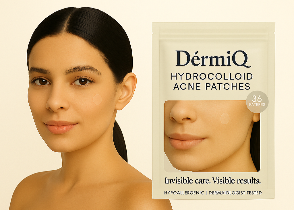 Woman with a DermiQ hydrocolloid acne patch packaging on a beige background